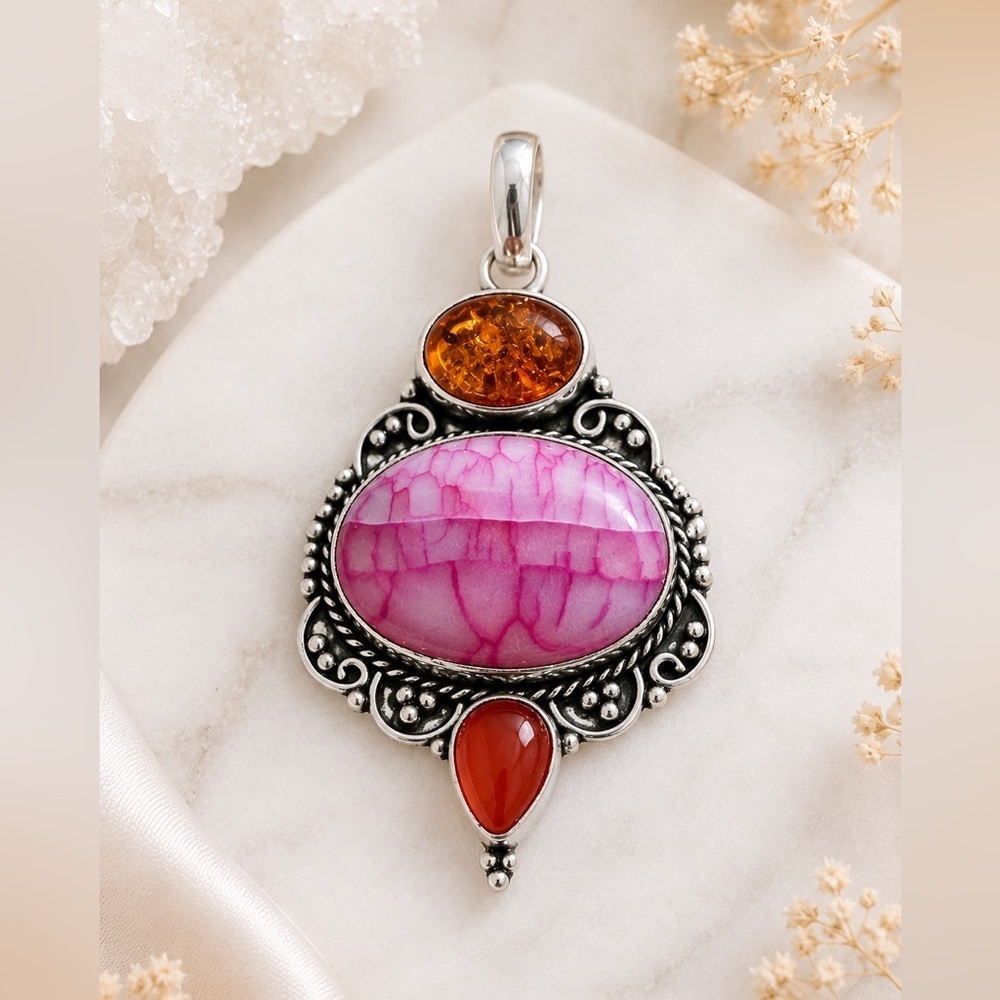 Sterling Silver Pink Agate & Amber Pendant by